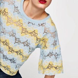 ZARA yellow & blue lace 3/4 sleeve top, NWT